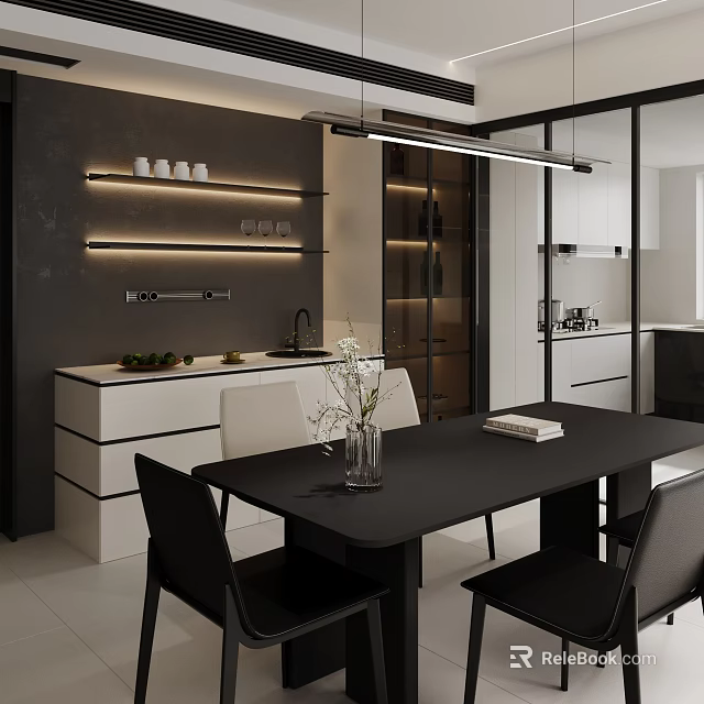 Modern Restaurant Interior With Black Dining Table Chairs Vase Books Lit Shelves And White Cabinets 3d model 
