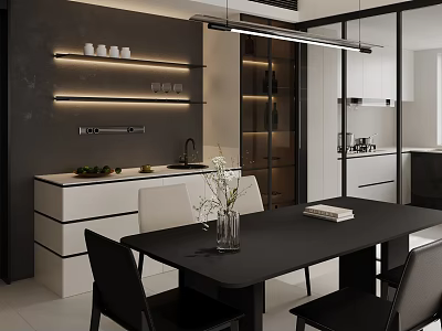 Modern Restaurant Interior With Black Dining Table Chairs Vase Books Lit Shelves And White Cabinets 3d model