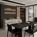 Modern Restaurant Interior With Black Dining Table Chairs Vase Books Lit Shelves And White Cabinets
