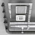 Suspended Ceiling Structure with Metal Pipes Vents and Industrial Framework Details