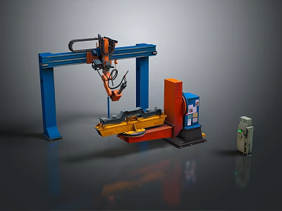 Industrial Gantry Machinery With Mechanical Arm Orange Components And Control Panel 3d model