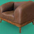 Brown Textured Leather Single Sofa With Wide Arms And Wooden Legs