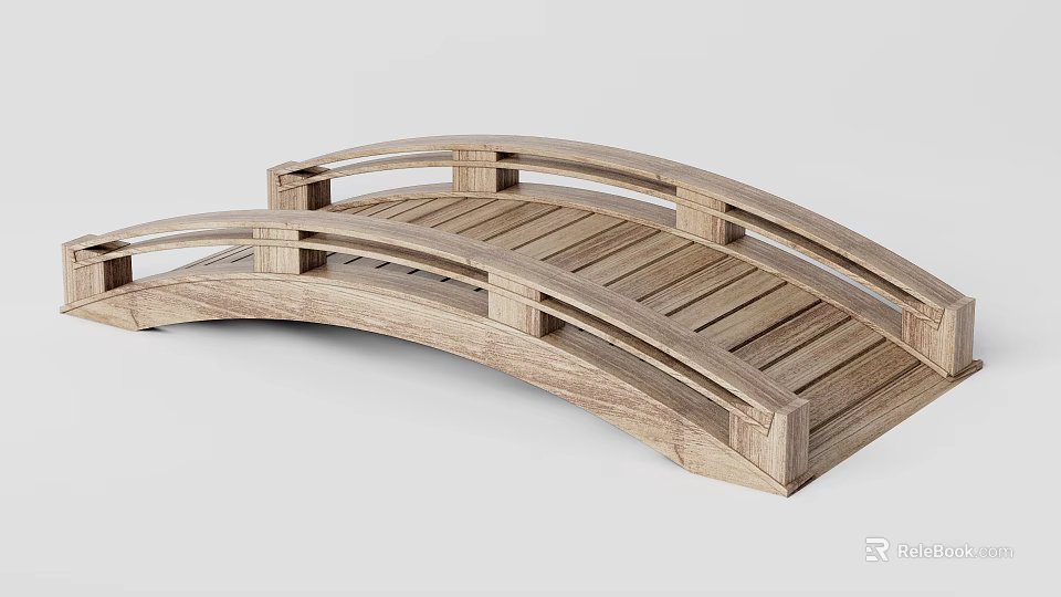 Traditional Curved Wooden Bridge With Natural Railings And Simple Design 3d model 
