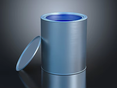 Shiny Blue Metal Paint Can With Open Lid On Dark Reflective Surface 3d model