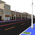 Scenic Commercial Street With Trees Buildings Pedestrians And Car On Colorful Road Lanes