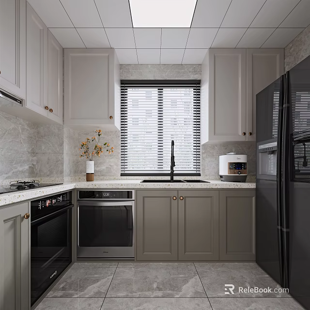 Modern Kitchen With Gray Cabinets Black Refrigerator Oven And Marble Countertop 3d model 