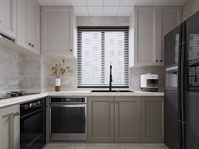 Modern Kitchen With Gray Cabinets Black Refrigerator Oven And Marble Countertop 3d model