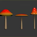 Three Colorful Vibrant Mushrooms with Orange Red Gradient Spotted Caps and Wooden Stems