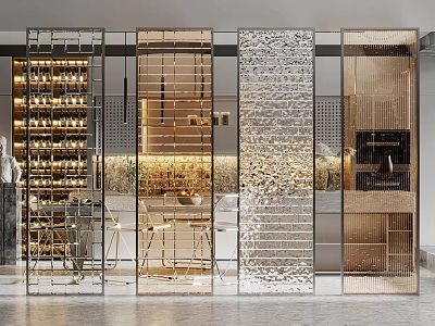 Modern Interior Partition Design With Glass Wooden And Textured Metal Decorative Panels 3d model