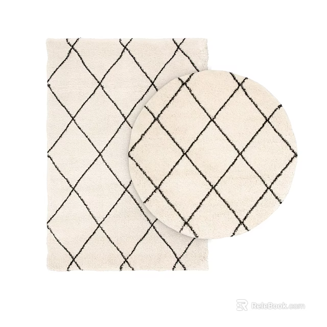 Stylish Decorative Rugs with Rectangular and Round Shapes Black Diamond Grid Pattern Light Beige Background 3d model