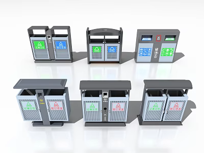 Public Facility Classified Waste Bins With Various Recycling Signs And Separation Design 3d model