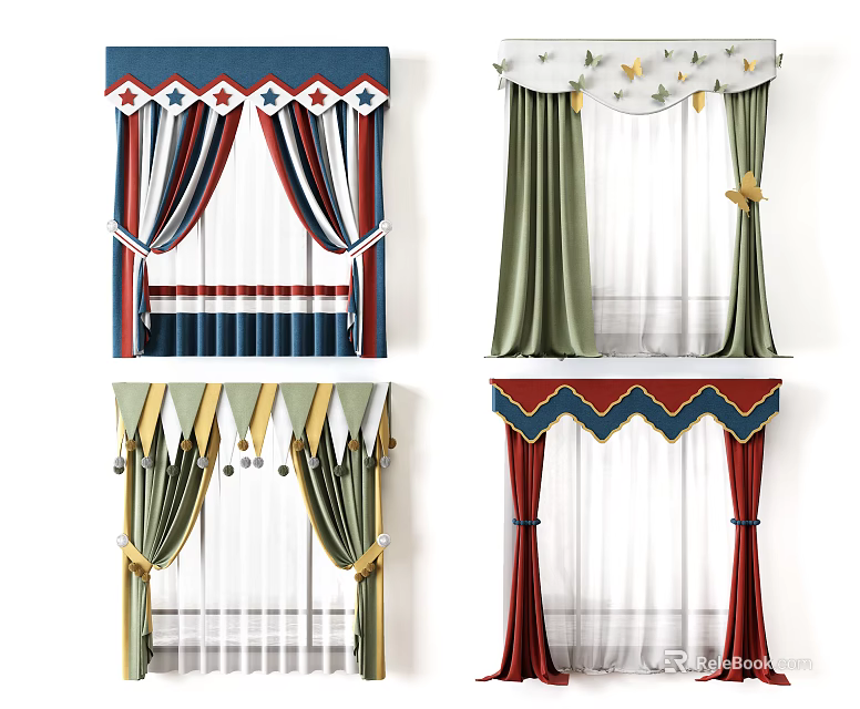 Colorful Decorative Curtains With Star Accents Fringe Details And Various Styles 3d model 