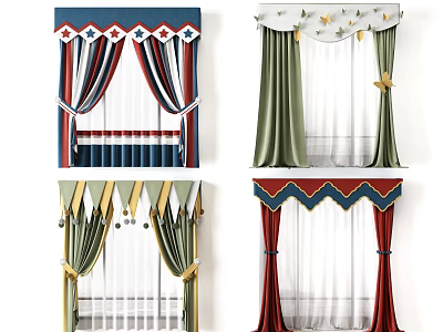 Colorful Decorative Curtains With Star Accents Fringe Details And Various Styles 3d model
