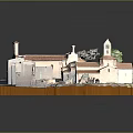 Architectural Model of Traditional Village Buildings with Red Tiled Roofs Tower and Green Trees