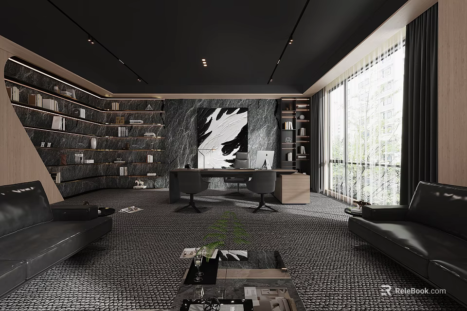 Modern Black Office Interior With Bookshelves Leather Sofas Wooden Desk And Large Windows 3d model 