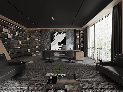 Modern Black Office Interior With Bookshelves Leather Sofas Wooden Desk And Large Windows 3d model