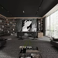 Modern Black Office Interior With Bookshelves Leather Sofas Wooden Desk And Large Windows