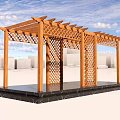 Wooden Pergola with Lattice Side Panels and Top Beam Structure on Black Marble Platform