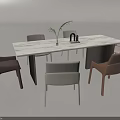 Modern Dining Table Set With White Rectangular Tabletop Multicolored Chairs Green Plant And Black Ornaments 3d model