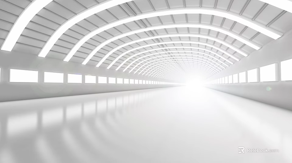 Bright Modern Office Corridor With Curved Ceiling White Walls Reflective Floor And Side Windows 3d model 