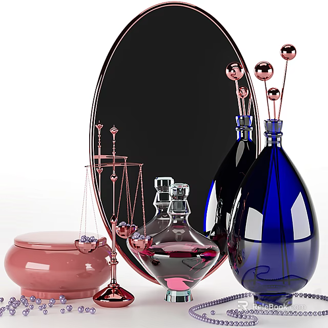 Decorative Ornament Set With Oval Black Mirror Pink Jar Red Blue Bottles Gold Balance Ornament 3d model 