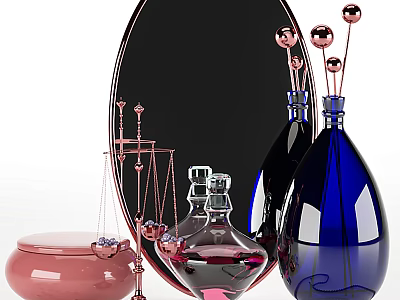 Decorative Ornament Set With Oval Black Mirror Pink Jar Red Blue Bottles Gold Balance Ornament 3d model