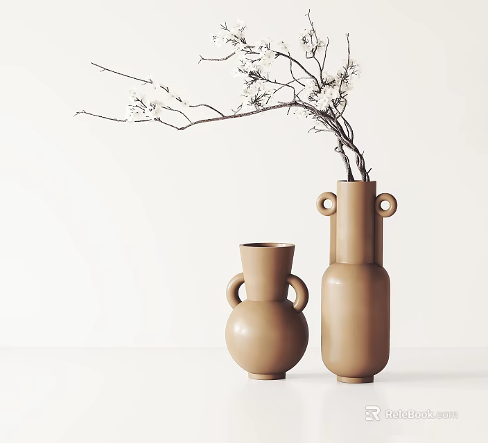 Two Brown Ceramic Vases With Flowering Twigs On White Background For Minimalist Decor 3d model 