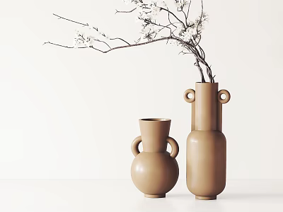 Two Brown Ceramic Vases With Flowering Twigs On White Background For Minimalist Decor 3d model