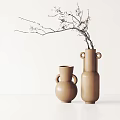 Two Brown Ceramic Vases With Flowering Twigs On White Background For Minimalist Decor