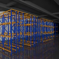 Various Warehouse Storage Racks With Blue Frames And Yellow Shelves In Reflective Floor Setting