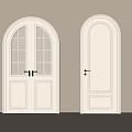 White Double Doors With Arched Top Glass Panes And Paneled Design Golden Handles Beige Wall