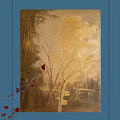Abstract Painting on Blue Wall with Golden Yellow Tones Shadow Effects and Red Floral Branch