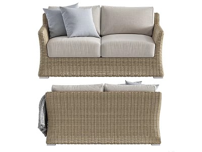Rattan Outdoor Sofa With Beige Woven Design And Grey Cushions 3d model