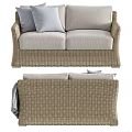 Rattan Outdoor Sofa With Beige Woven Design And Grey Cushions