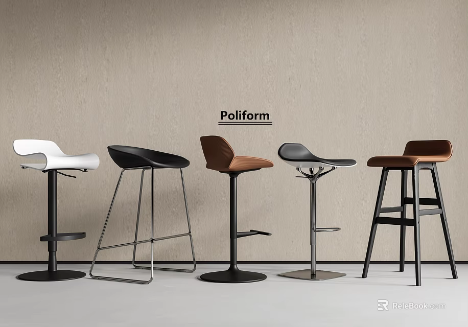 Poliform Modern Bar Stools With White Black Brown Seats And Metal Frames 3d model