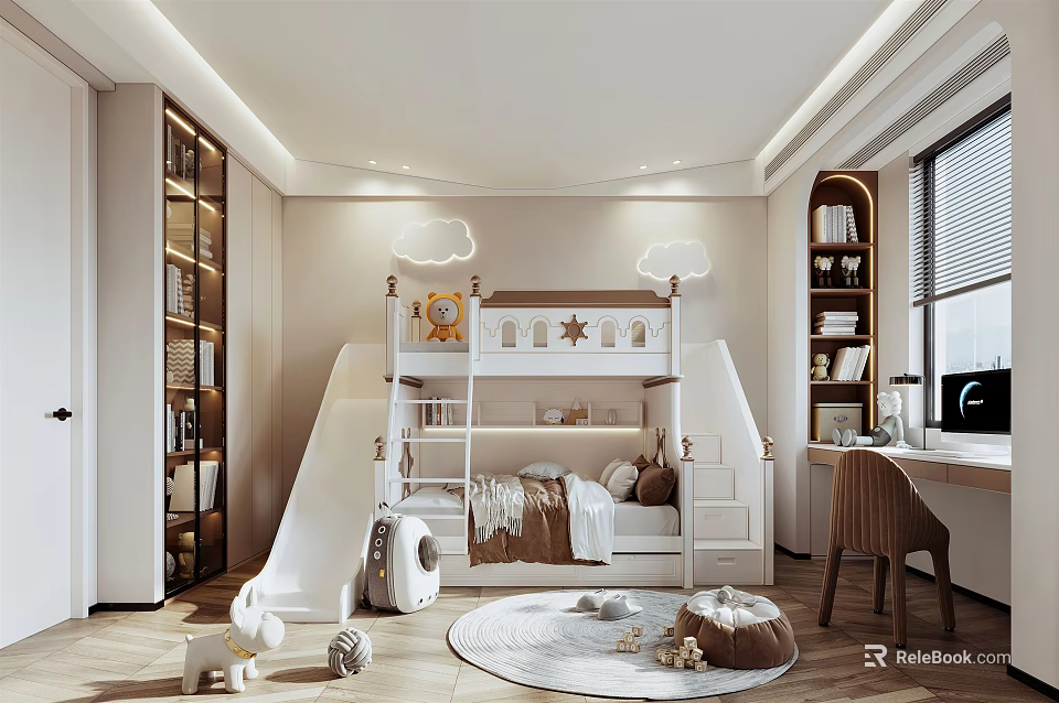 Playful Kids Room Interior With Bunk Bed Slide Bookshelves Desk And Cloud Star Decorations 3d model 