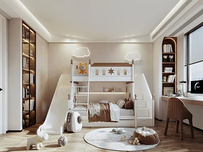 Playful Kids Room Interior With Bunk Bed Slide Bookshelves Desk And Cloud Star Decorations 3d model