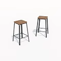Two Modern Bar Stools With Wooden Seats And Black Metal Legs