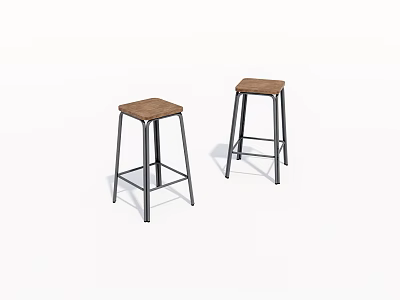 Two Modern Bar Stools With Wooden Seats And Black Metal Legs 3d model