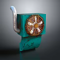 Rusty Green Industrial Fan With Metal Pipe Exhaust And Grid Protected Blades