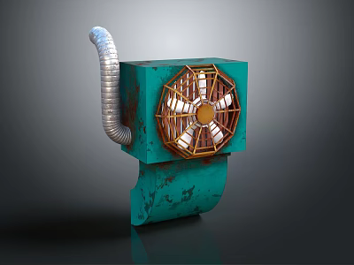 Rusty Green Industrial Fan With Metal Pipe Exhaust And Grid Protected Blades 3d model