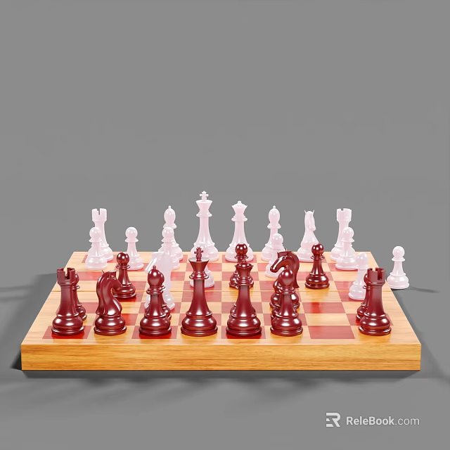 Classic Chess Board Game Entertainment With Wooden Chessboard And Red White Pieces 3d model 