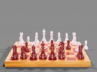 Classic Chess Board Game Entertainment With Wooden Chessboard And Red White Pieces 3d model
