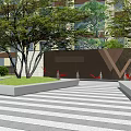 Modern Feature Wall Design With Green Lawn Trees And Paved Ground In Front Of Building