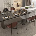 Modern Dining Table Set With Marble Top Brown Gray Pink Chairs And Tableware 3d model