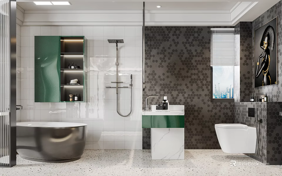 Modern Bathroom Interior Featuring Green Cabinets Silver Bathtub White Green Vanity And Dark Patterned Wall 3d model 