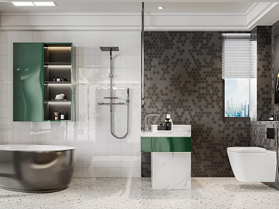 Modern Bathroom Interior Featuring Green Cabinets Silver Bathtub White Green Vanity And Dark Patterned Wall 3d model