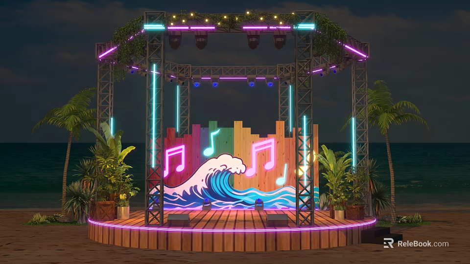 Beachside Stage With Neon Lights Wave Pattern Music Notes And Palm Trees 3d model 