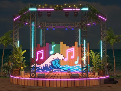 Beachside Stage With Neon Lights Wave Pattern Music Notes And Palm Trees 3d model