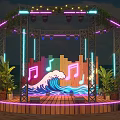 Beachside Stage With Neon Lights Wave Pattern Music Notes And Palm Trees